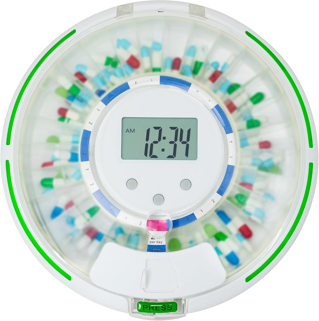Dispensador automático de píldoras, Organizador de medicamentos de 28 días, hasta 6 dosis por día, 6 plantillas de dosificación, Llave de sonido " Alertas de luz " para vitaminas, suplementos (Lid rota)