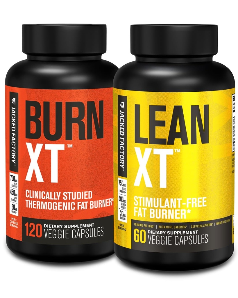 Jacked Factory Burn-XT Clinically Studied Fat Burner &amp; Weight Loss Supplement - Appetite Suppressant & Energy Booster (120 cápsulas) & Lean-XT Caffeine-Free Fat Burner (60 cápsulas)