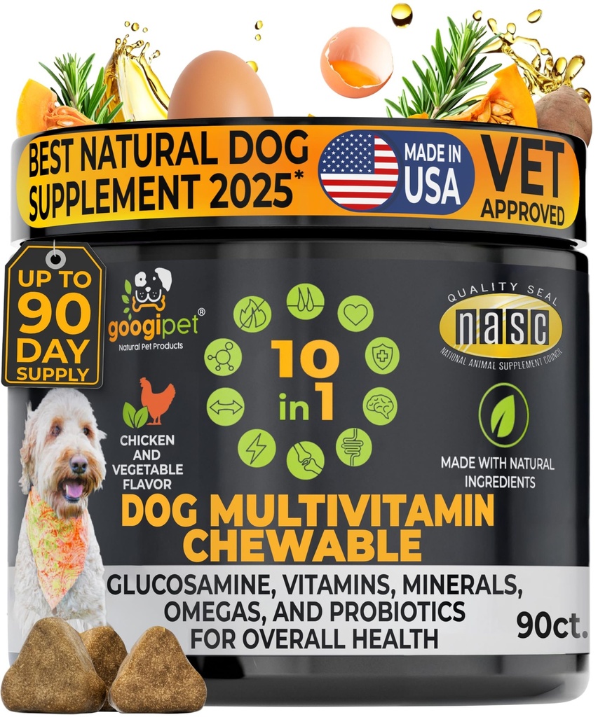 Googipet Premium 10 en 1 Vitaminas para perros Multivitamínico Agrietado con Probióticos para Salud Gut, Vitaminas y Suplementos para perros w/Vitamin C & Glucosamina para Soporte Conjunto (Chicken &amp; Vegetable Flavor)