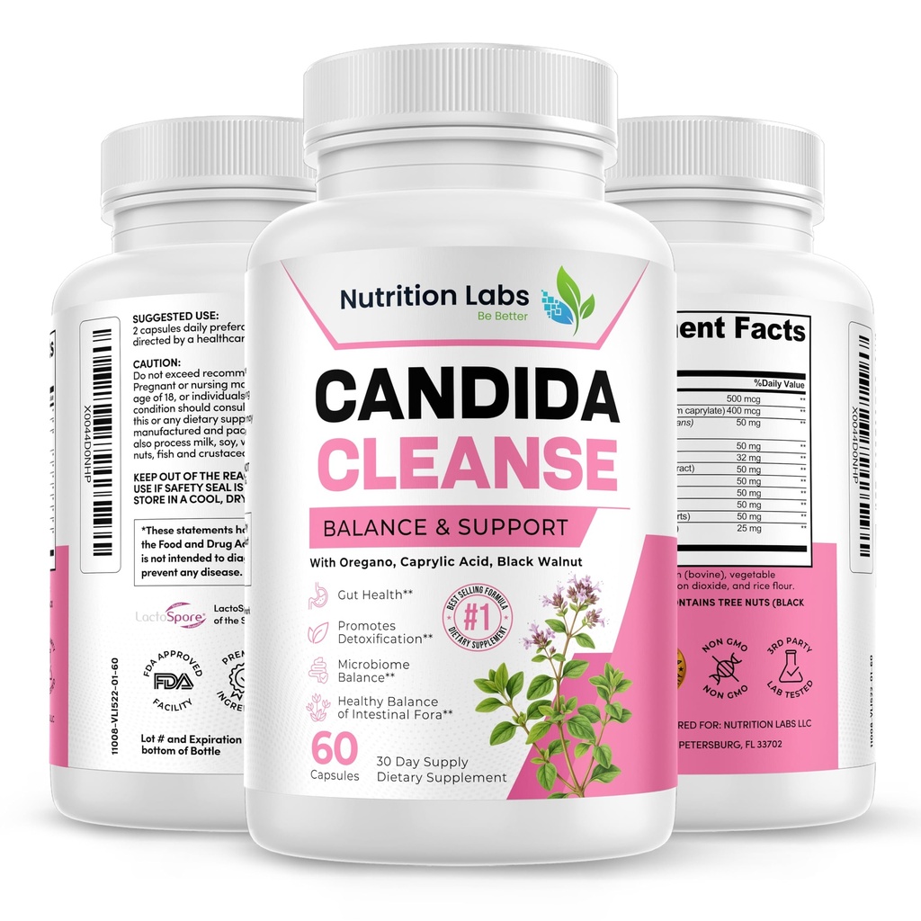 Suplemento Candida Cleanse para Balance &amp; Support, Candidase Detox, Mujeres &amp; Hombres Gut Health & Flora, pH Level, Intestinal Health. Probióticos Lactospore®. Anti Yeast Overgrowth W/ Oregano, Caprylic Acid
