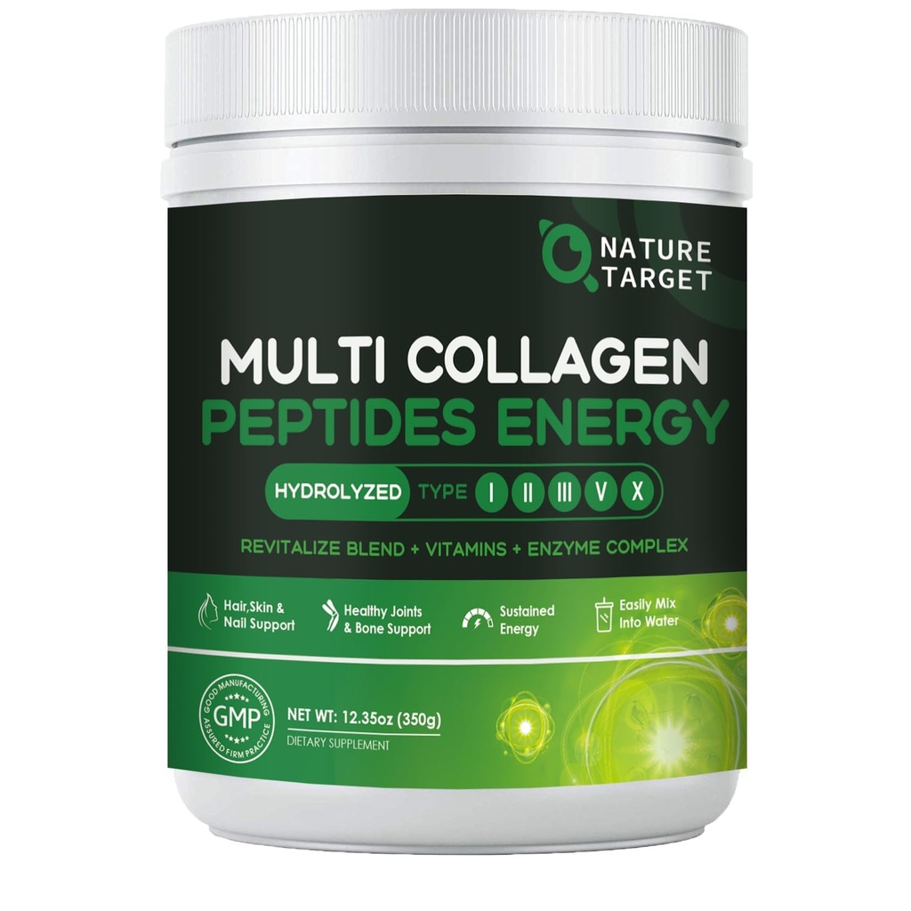 NATURE TARGET Multi-Collagen-Peptides-Powder - Collagen Hidrolyzed con Energía Blend + Multivitamínico &amp; Minerales, apoya el cabello de la piel de la energía Nail " Joint, Non-GMO, 35 Servings