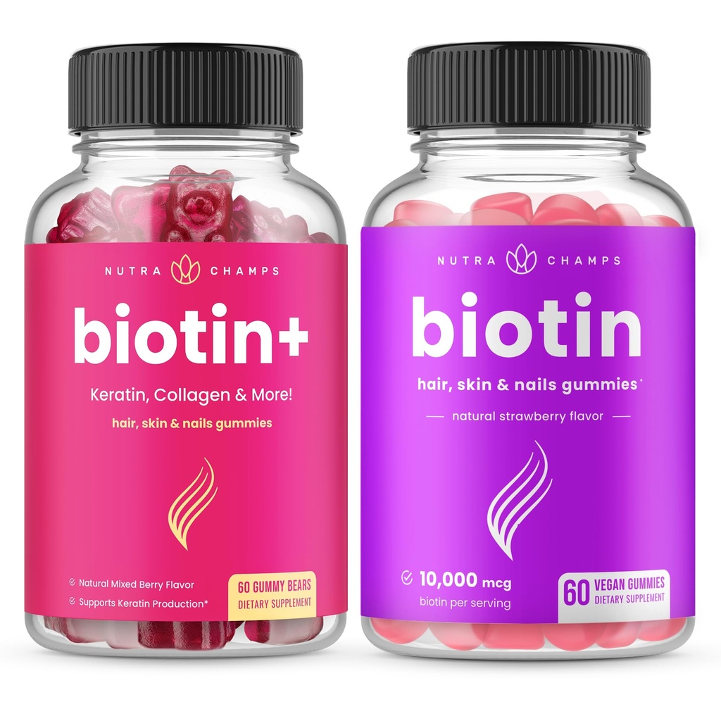 NutraChamps Biotin+ &amp; Biotin. El Duo completo para el cabello, la piel y las uñas.
