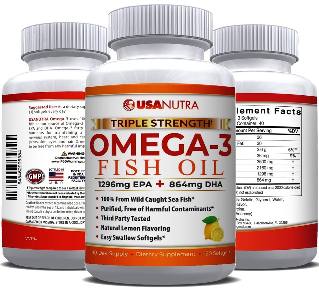 Omega 3 Fish Oil Suplemento 3600mg con EPA y DHA para Mujeres y Hombres Apoyo Conjunto, Cerebro y Salud del Corazón 120 Softgels, 40 Day Supply