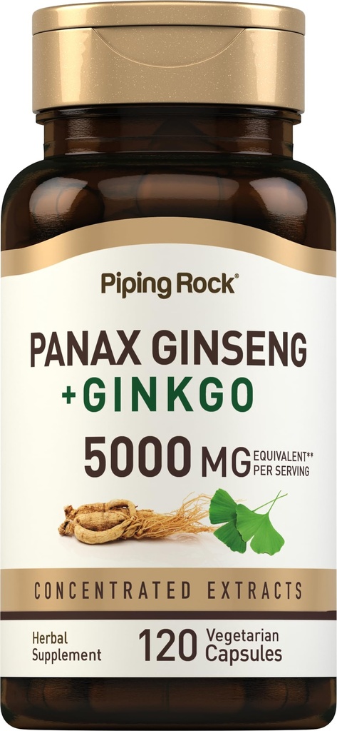 Piping Rock Panax Ginseng &amp; Ginkgo Biloba Suplemento Silencio 5000 mg  120 Capsules ← Black Pepper Extract ← Vegetarian, Non-GMO, and Gluten Free Supplement