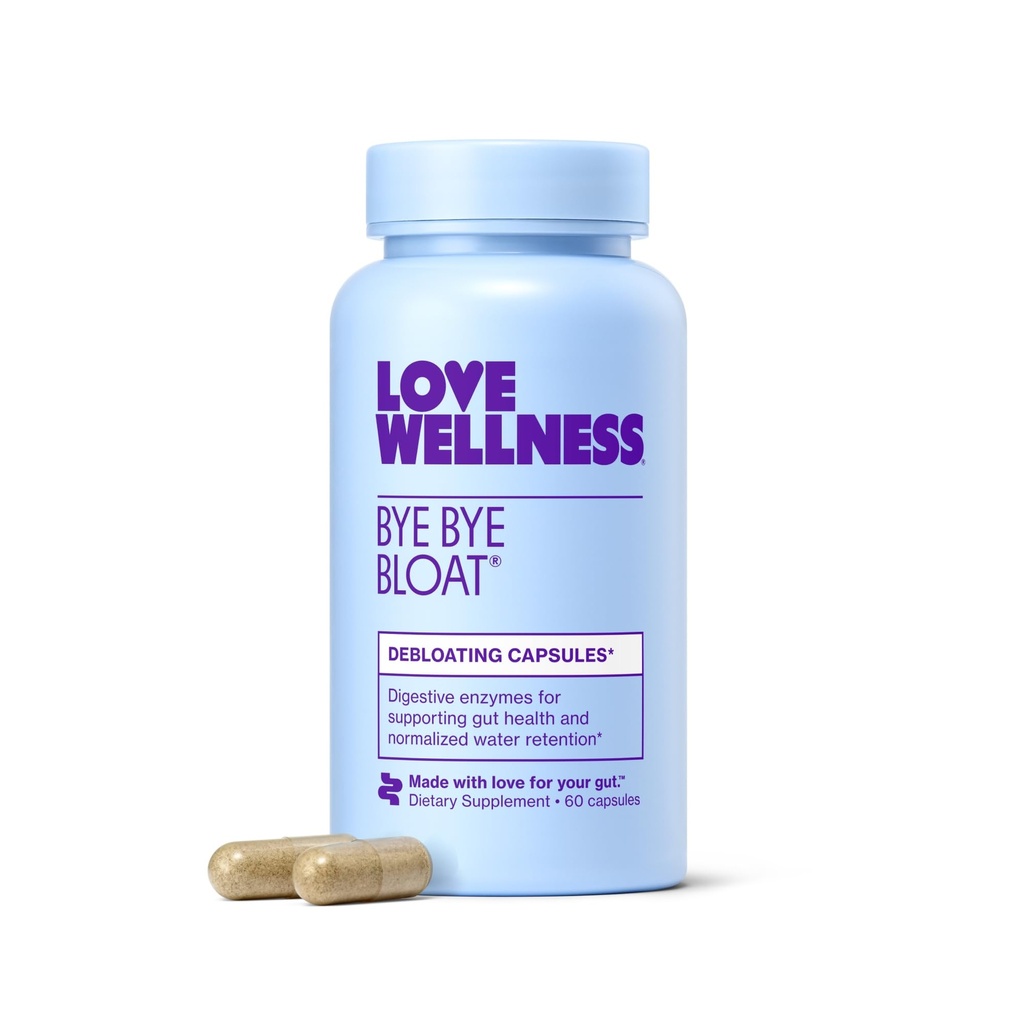 Love Wellness Chao Adiós Bloat ← Enzymes Digestive for Fast Acting Bloating Relief for Women  Ayuda a reducir la retención de agua " Gas Relief Silencioso Apoyo Digestive Health with Fenugreek " Dandelion 60 Count