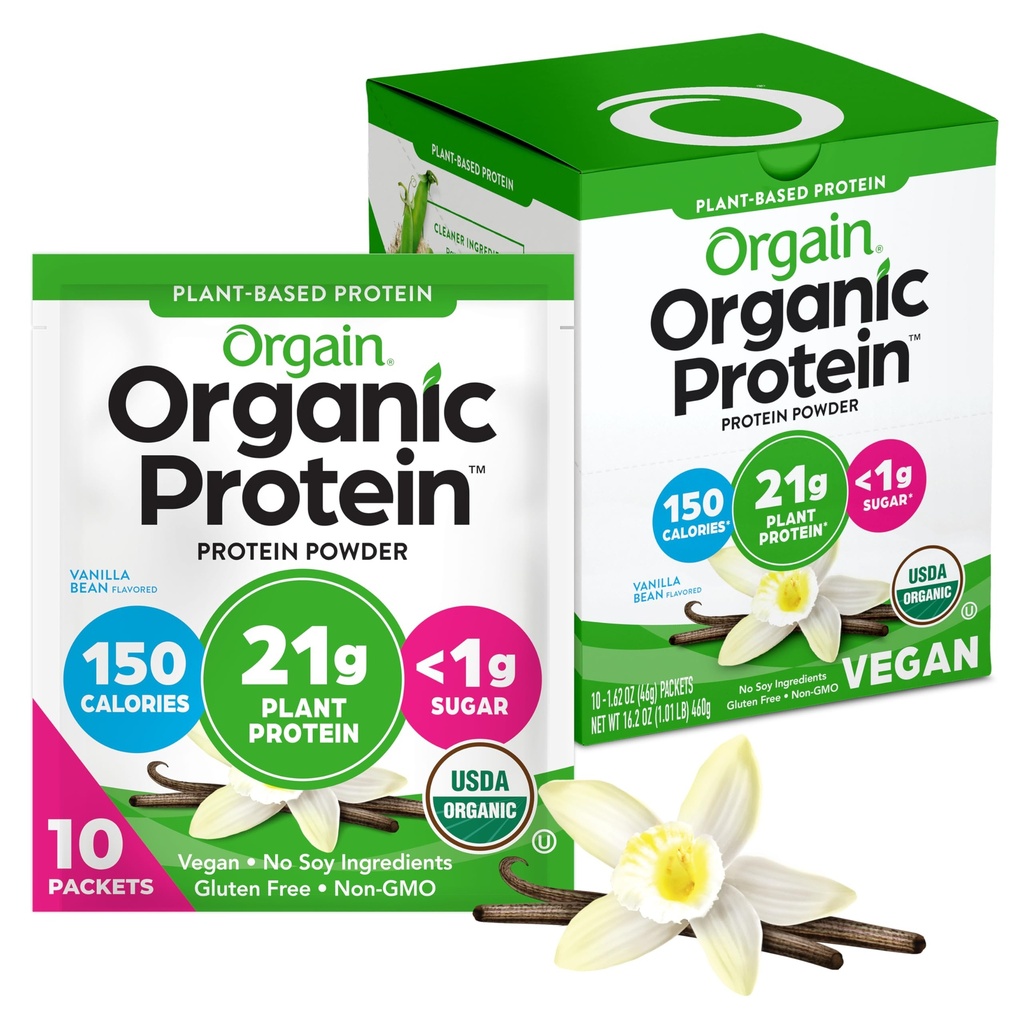 Orgain Orgain Pólvora de proteína vegana orgánica, grano de vainilla - 21g Proteína vegetal, fibra prebiótica 5g, carbohidratos bajos, sin ingredientes de lactosa, sin azúcar adicional, no OMG, para sacudidas " Smoothies, 10 paquetes de viaje