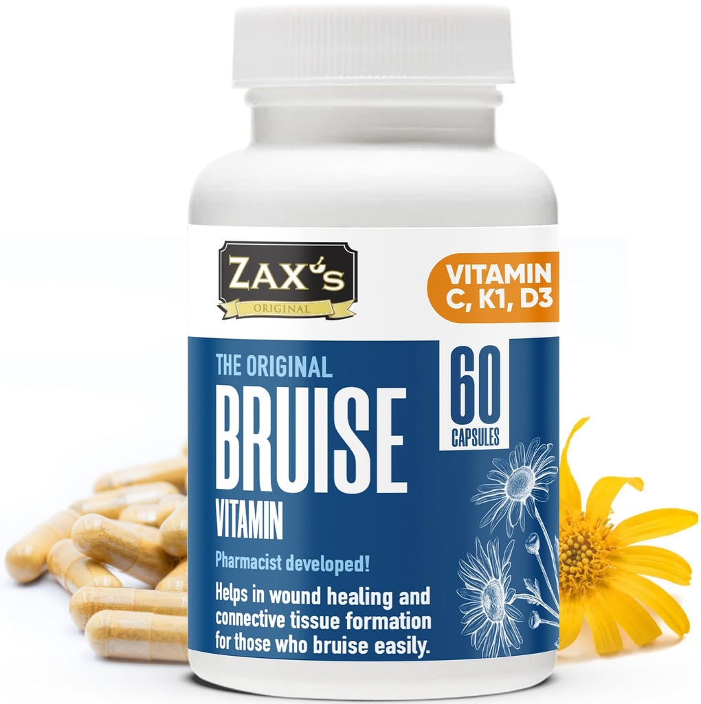 ZAX'S Bruise Vitamin Pharmacist Desarrolló Suplementos Bruising Potent Bruising Swelling Reducer, Zinc, Vitamin K, D3, Ascorbic Acid, Citrus Bioflavonoids, 60 Caps, Combine Arnica Bruise Cream