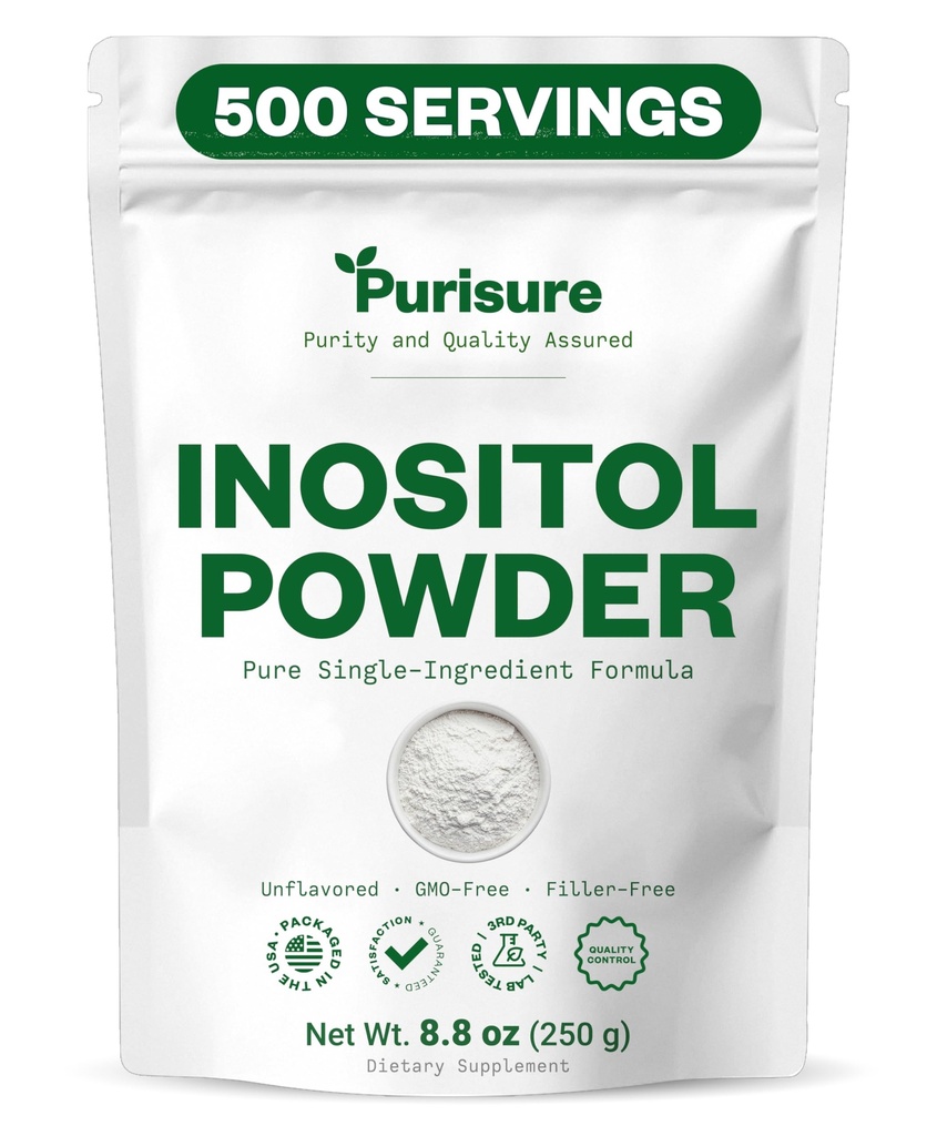 Purisure Myo-Inositol Powder, 250g, Fertilidad, Equilibrio Hormonal y Soporte Ovárico, Pure Inositol Powder, Myo Inositol Suplemento de Apoyo Energía y Bienestar Cerebro, Vegan, No GMO, 500 Servimientos