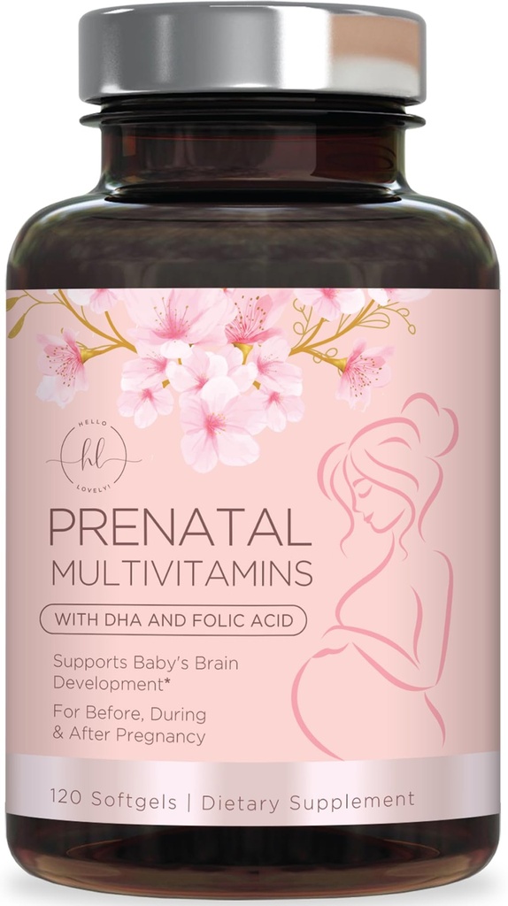 Vitaminas prenatales para Mujeres con Ácido Fólico " DHA, Desarrollo del Cerebro Fetal con Folate " Omega 3, Multivitamina con Vitamina A, C, D, B6, B12 " Iron, Suplemento de Embarazo - 120 Softgels