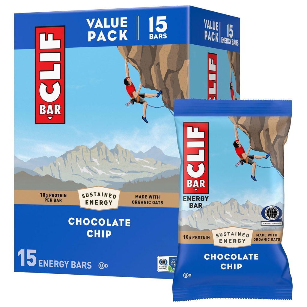 CLIF BAR - Bares de Proteína Energética - Chocolate Chip - Hecho con Avenas Orgánicas - Bares de Energía - Non-GMO - (15 Pack)