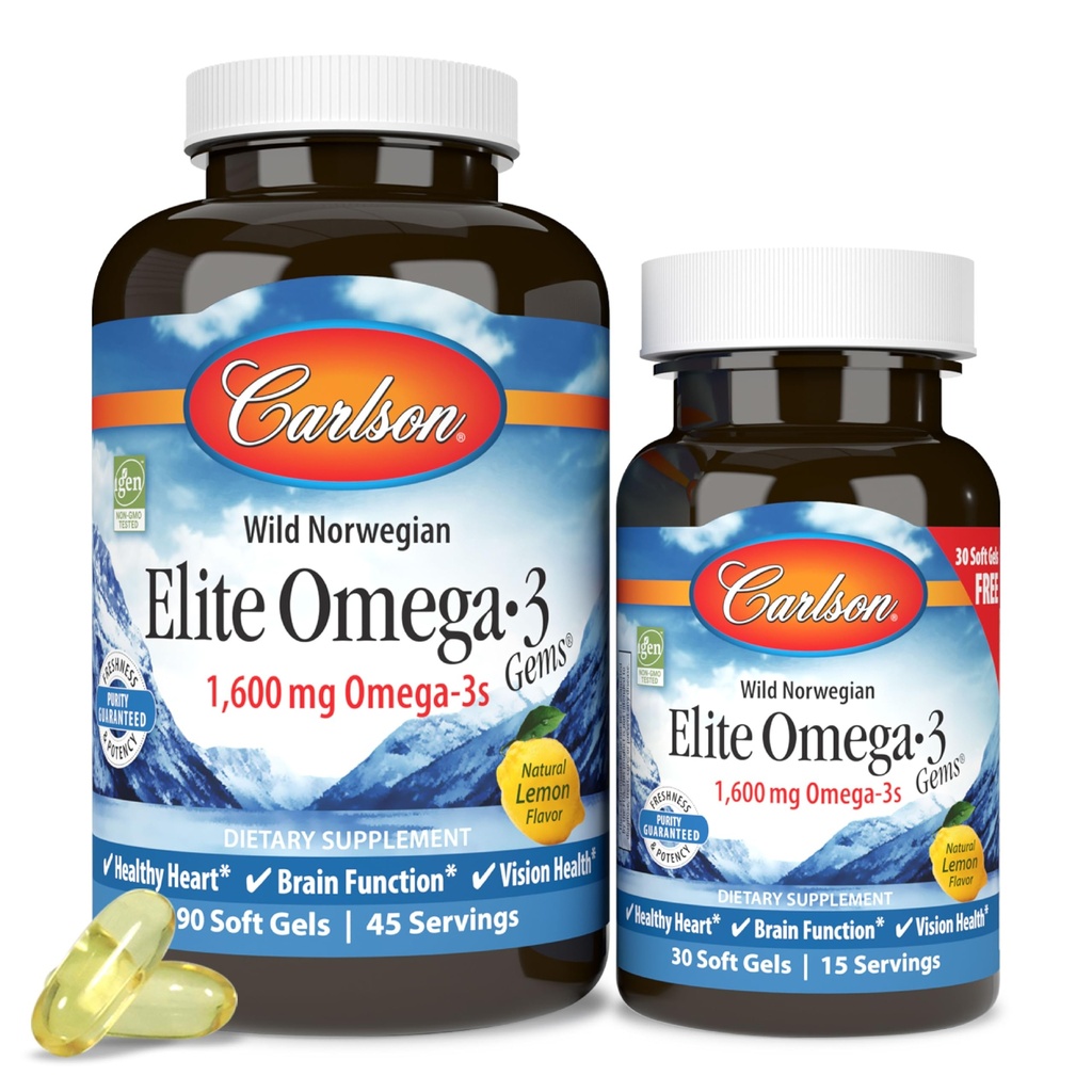 Carlson Labs Elite Omega-3, 1600 mg, Gems Fish Oil Soft Gels, Natural Lemon Flavor, 2 Pack (120 Cuenta cada uno)
