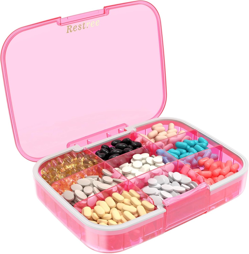 Restree Grande Organizador de Píldoras, Moisture Proof &amp; Waterproof Travel Pill Case, Caja de Medicación Portátil con Dividentes Ajustables para Vitaminas Suplementos Aceite de Pesca y Píldoras diarias 9 Compartimientos (Pink)