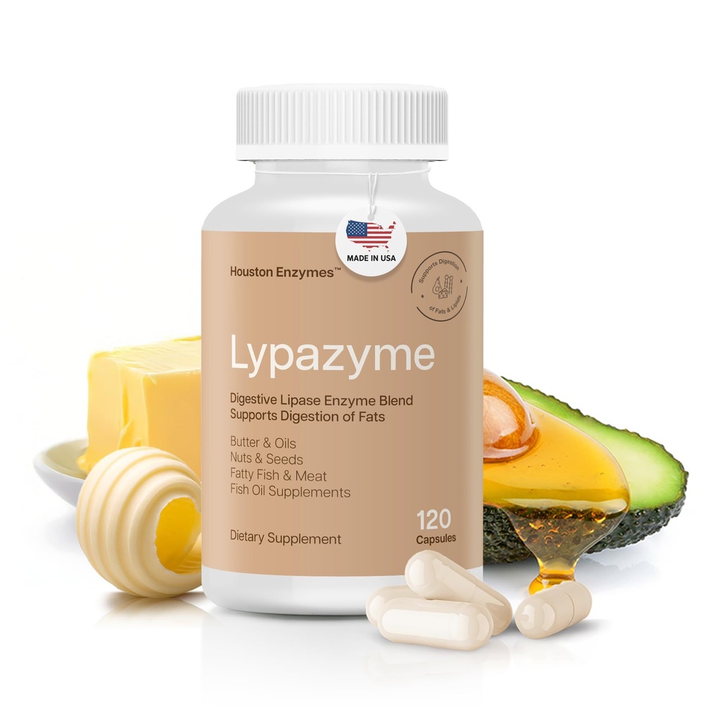 Houston Enzymes – Lipazyme Lipase Digestive Enzymes for Women and Men –120 Capsules – 3 Enzyme Blend for Complete Breakdown of Triglyceride Fats, Enzyme for Digestion of High-Fat Meals & Fish Oil