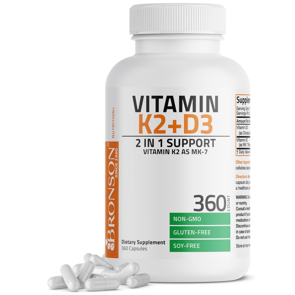 Bronson Vitamina K2 (MK7) con D3 Suplemento No GMO Fórmula 5000 UI Vitamina D3 &amp; 90 mcg K2 MK-7 Easy to Swallow D & K Complex, 360 cápsulas
