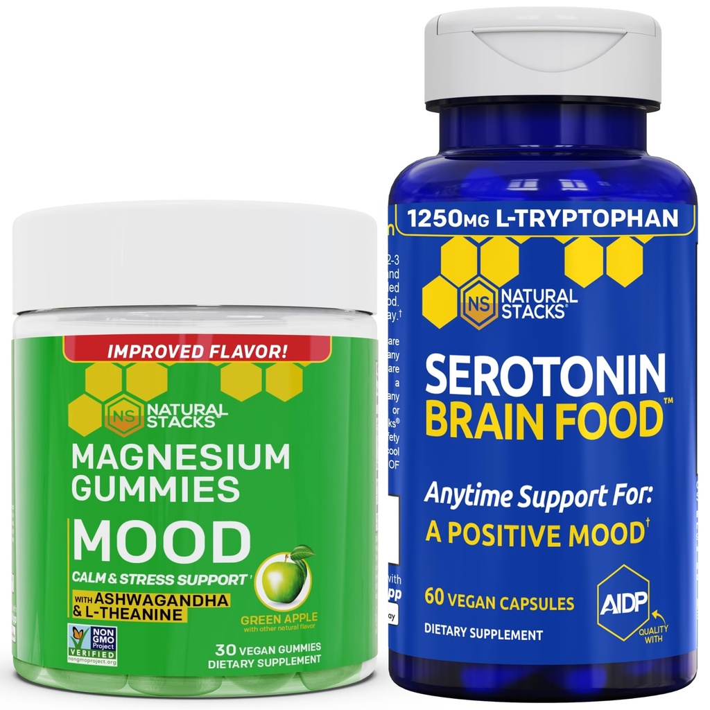 NATURAL STACKS Mood Magnesium Citrate Gummies + Serotonin Brain Food Bundle - Positivo Mood & Stress Support - 90 piezas