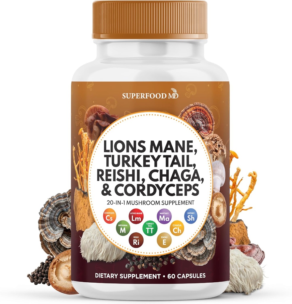 León Mane Mushroom Suplemento con Turquía Tail Reishi Cordyceps Chaga con Marshmallow Root - 60 Conde