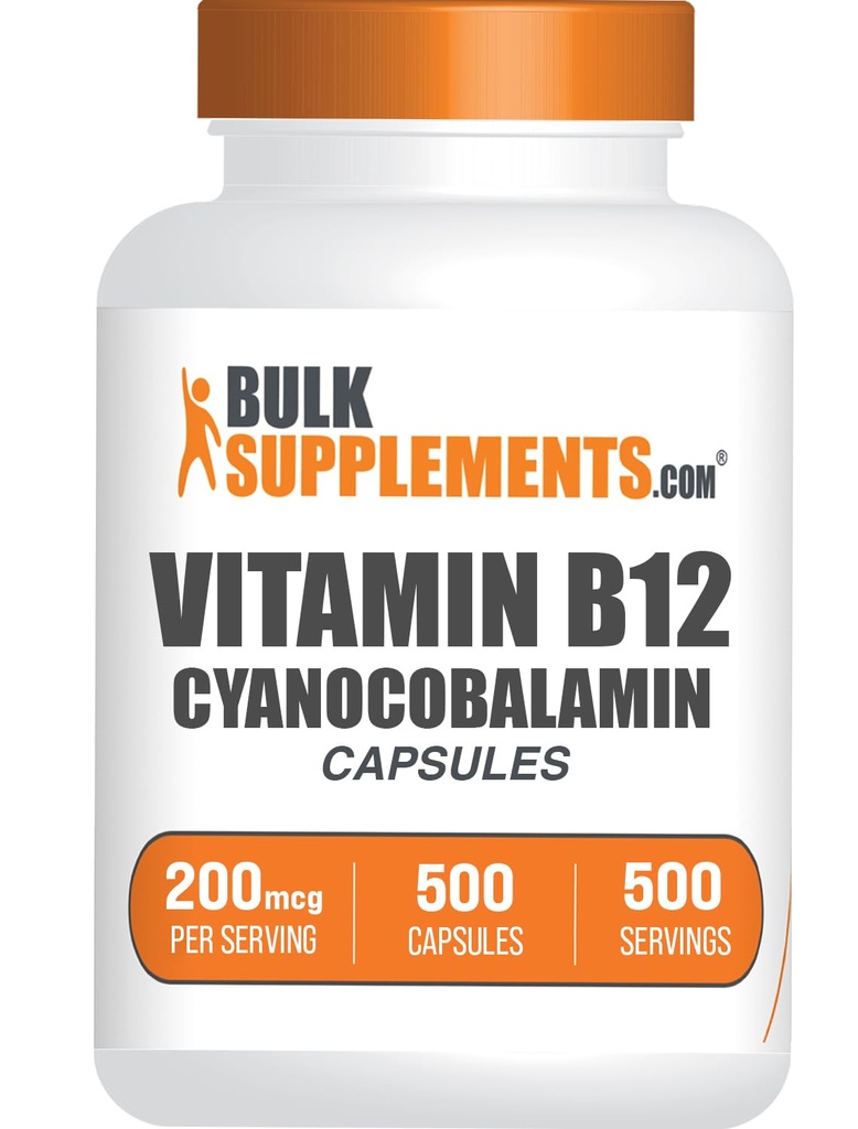 BulkSupplements.com Vitamina B12 Capsules - como Cianocobalamina, Vitamina B Suplemento, Vitamina B12 200 mcg - Vitaminas energéticas, Gluten Gratis, 1 cápsula por ser, 500 cápsulas (Pack of 1)