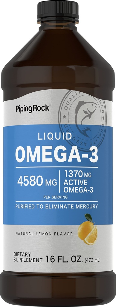 Piping Rock Omega 3 Fish Oil Líquido Suplemento Silencioso 16 Fl Oz ← Mercurio Libre Silencio Lemon Flavor Silencio 1370 mg Active Omega-3 Silencio para Hombres y Mujeres