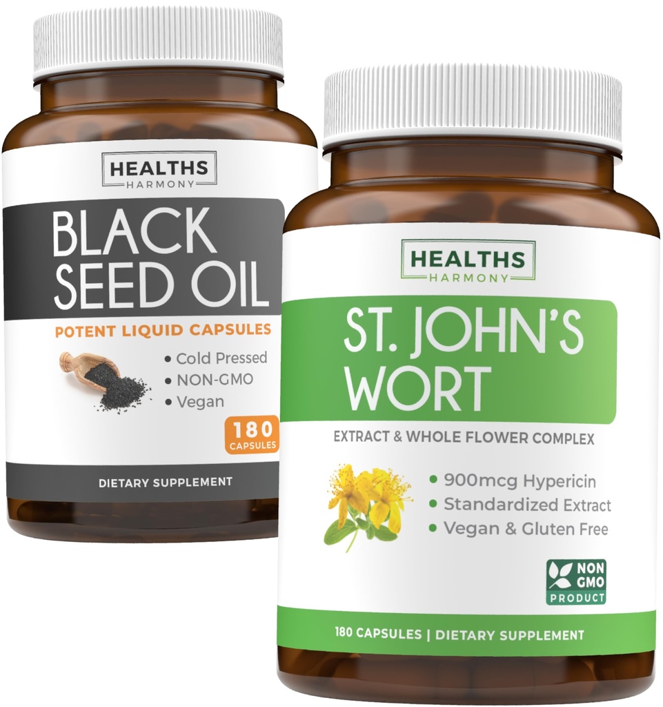 Black Seed Oil &amp; St. John's Wort (3-Month Supply) Harmony Essence Bundle of Black Seed Oil (180 Capsules) Cold-Presed Nigella Sativa & St. John's Wort (180 cápsulas) con Powerful 900mcg Hypericin