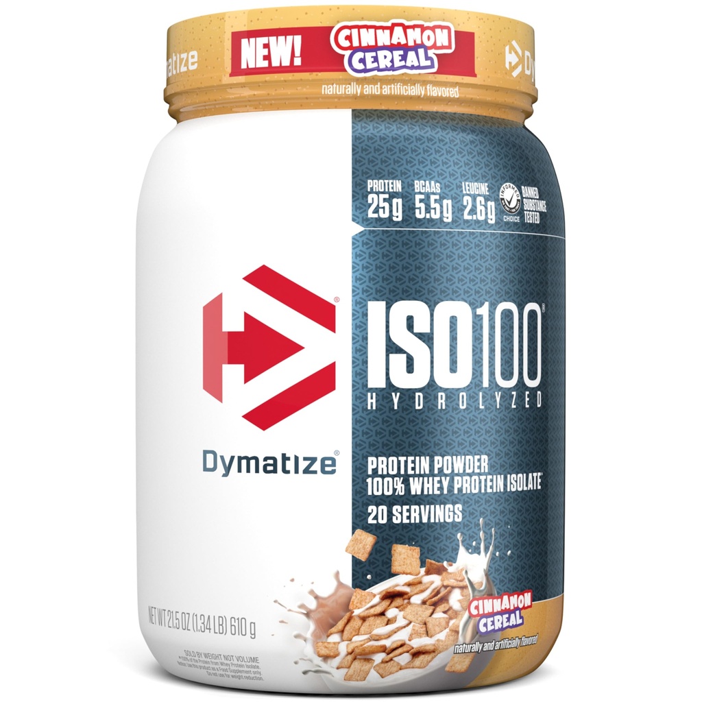 Dymatize ISO100 Whey Protein Powder Isolate, Cinnamon Cereal, 25g de Protein, 5.5g BCAAs, Menos Than 120 Cal., Gluten Free, 1g Fat, 1g Sugar, 2g Carb (20 Servings)