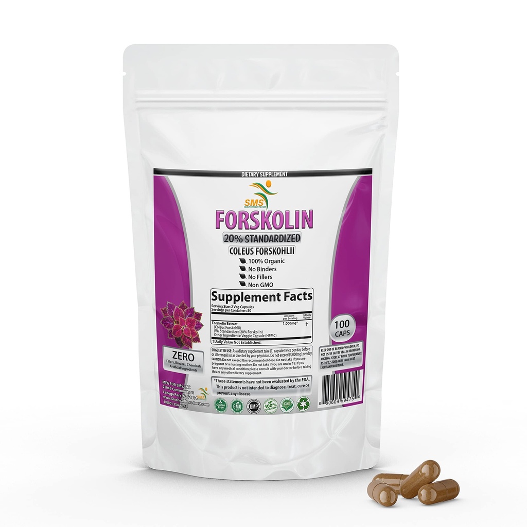 Suplemento de Extracto Puro de Forskolin con Potent Coleus Forskohlii 20% Estándarizado 1000 mg para Energía Mejorada - Suplementos de Energía Planta para Mujeres y Hombres - 100 cápsulas vegetales