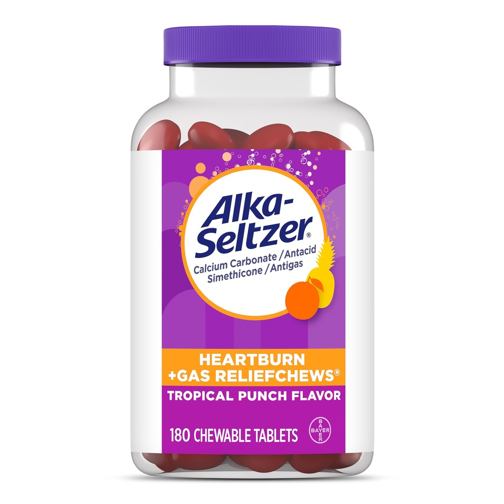 Alka-Seltzer Heartburn + Gas ReliefChews, Antacid + Antigas Chews for Fast Heartburn Relief, Gas y Acid Indigestion Relief En el Go, 180 Ct