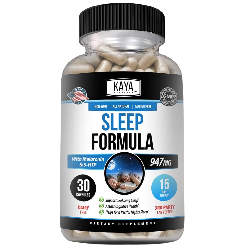 Kaya Naturals - Apoyo al sueño Fórmula con Melatonina - Ayuda Suplemento de vitaminas - Estrés del sueño y soporte de humor - L-Tryptofan, Flores de Pasión, Ashwagandha y Más (30 Conde)