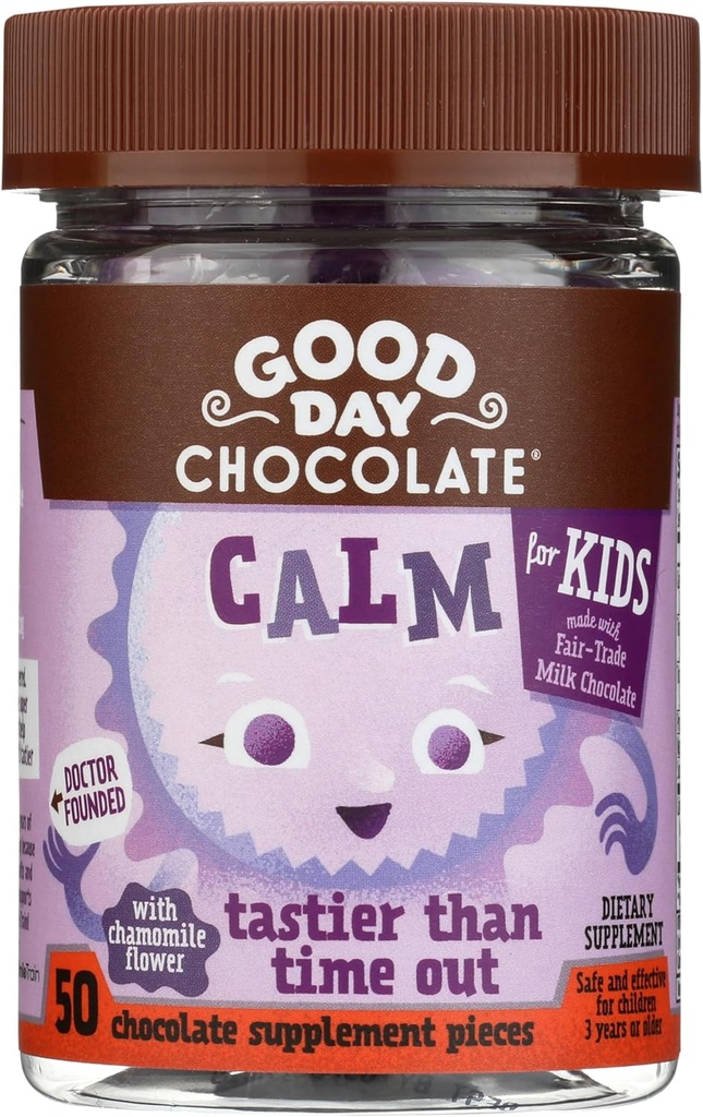 Buen día Chocolate Suplemento de calma natural para niños, mezcla de camuflaje, L-Theanine, comercio justo y chocolate no transgénico, 50 piezas
