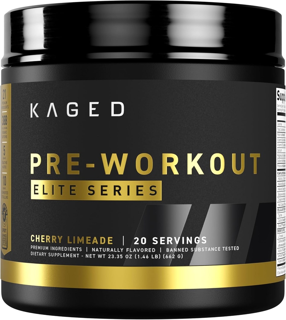 Kaged Pre Workout Elite Powder ← Cherry Limeade ← Pre-Workout with Creatine, Beta Alanine, L-Citrulline, BCAAs ← 388 mg Organic Caffeine ← Pre Supplements for Men &amp; Women ← 20 Servings