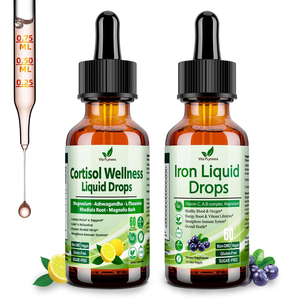 Cortisol Detox + Suplemento de Hierro para Mujeres, Hombres, Vegan, No GMO