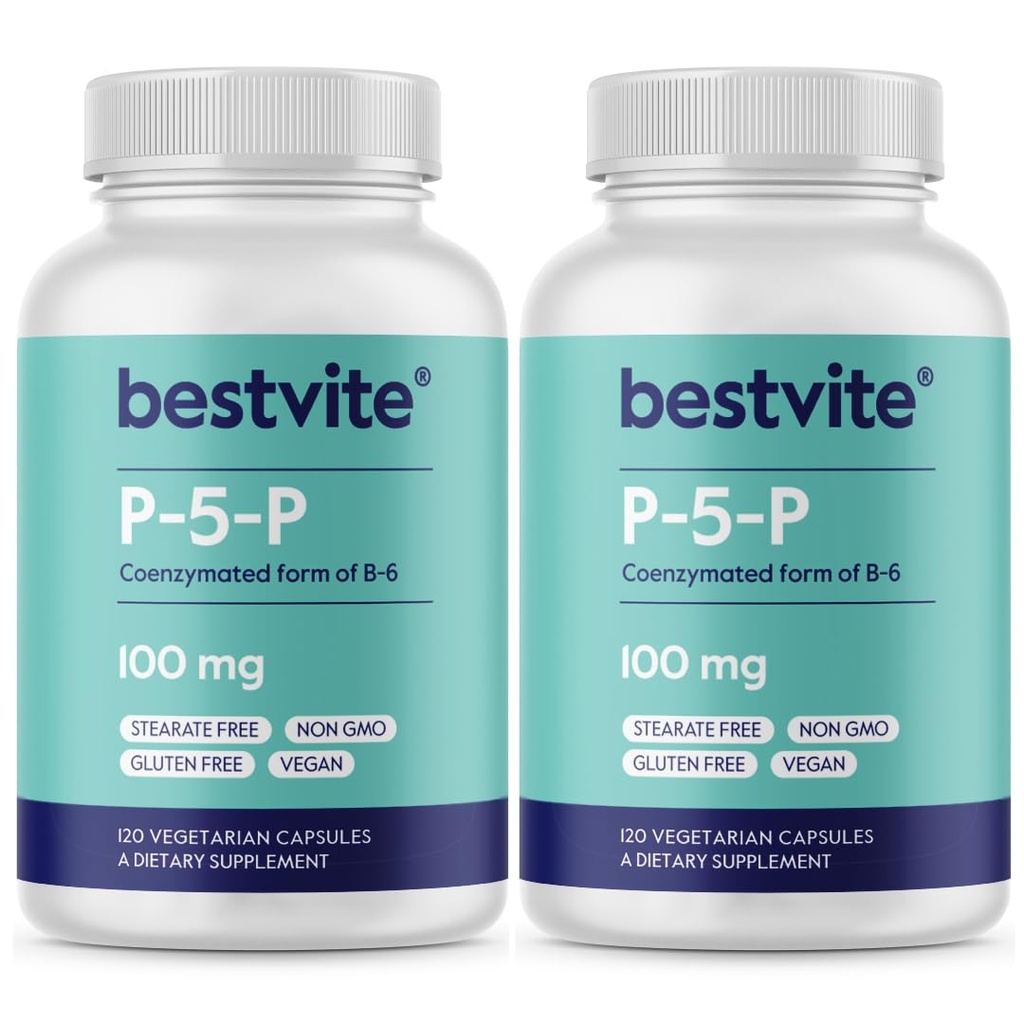 BESTVITE P-5-P 100mg (240 cápsulas vegetarianas) (120 x 2) (Formación congestionada de B-6) - No Stearates - Vegan - No GMO - Gluten Free