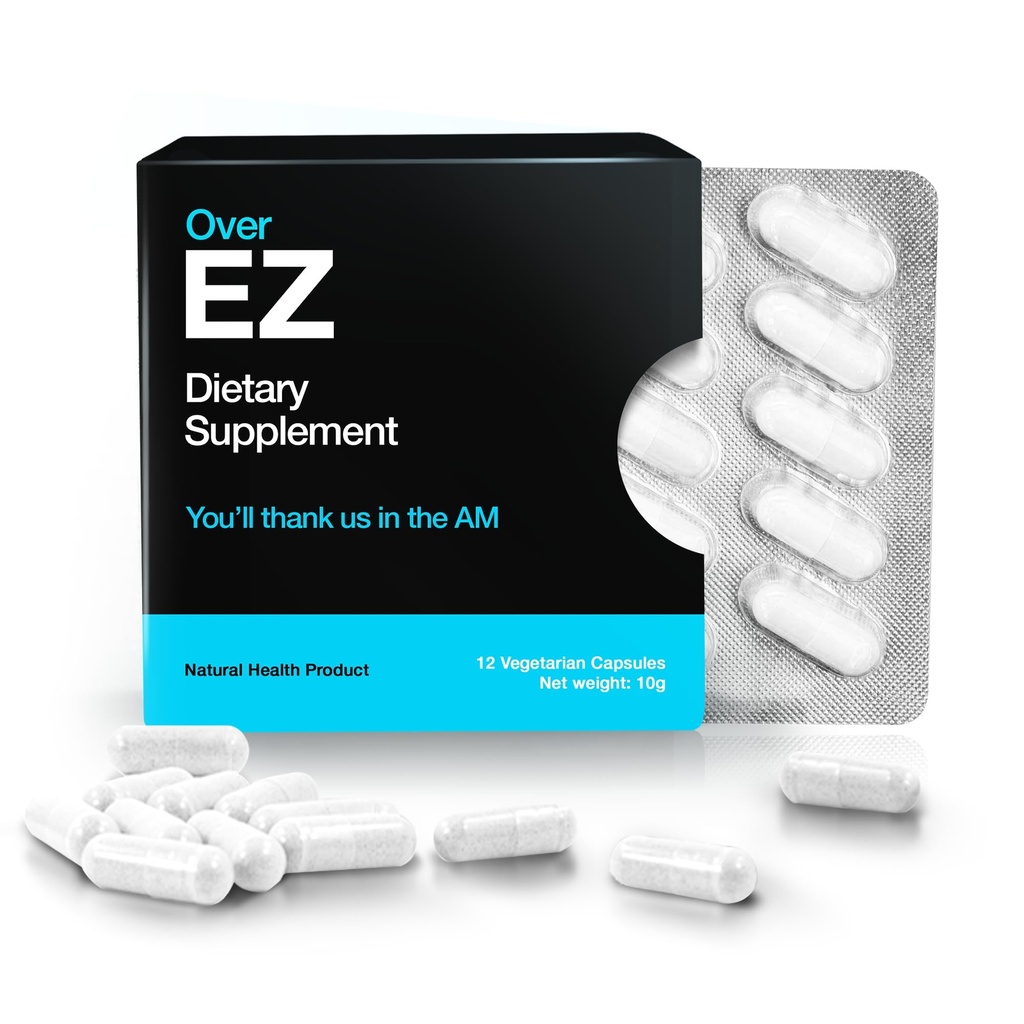 OVER EZ Pre-Drink Supplement - Party Recovery " Prevention Pills for a Night Out " Better Mornings (12 capsules) " Milk Thistle, Amino Acids, Vitamin Bs
