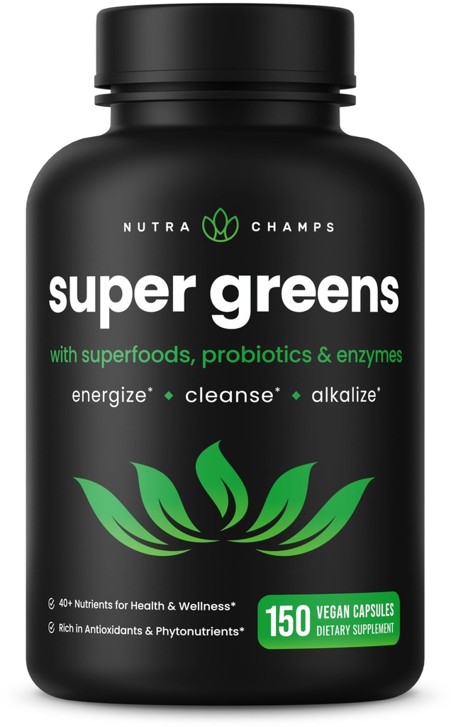 NutraChamps Organic Super Greens Capsules - Alfalfa, Spirulina, Chlorella &amp; More - Antioxidante, Enzyme Digestivo &amp; Blends Probiótico - 150 Green Superfood Capsules