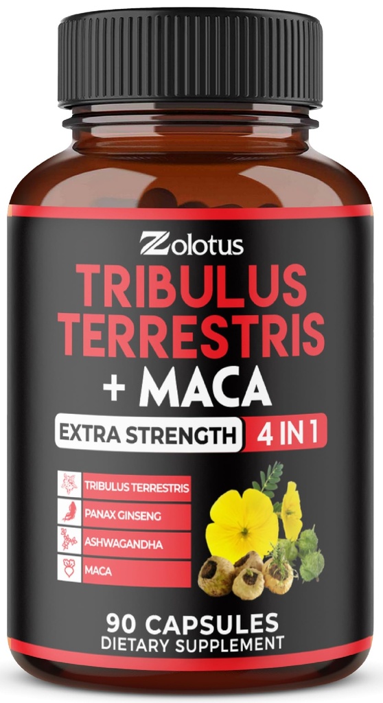 Zolotus Premium Tribulus Terrestris Capsules - Combinado con Ashwagandha, Panax Ginseng &amp; Maca - 90 Cuentas para 3 meses