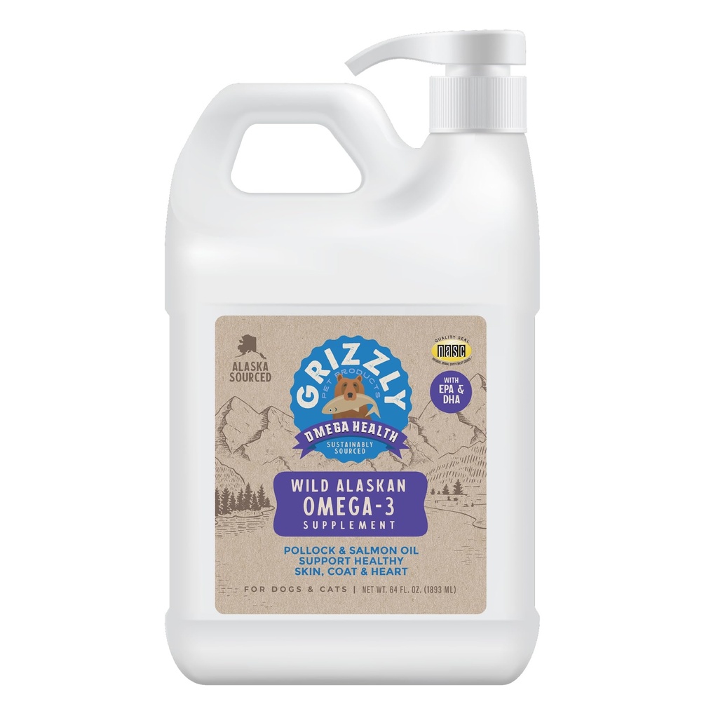 Grizzly Pet Products Omega Health Liquid Omega-3 Suplemento para perros y gatos, 64 Jug de onza