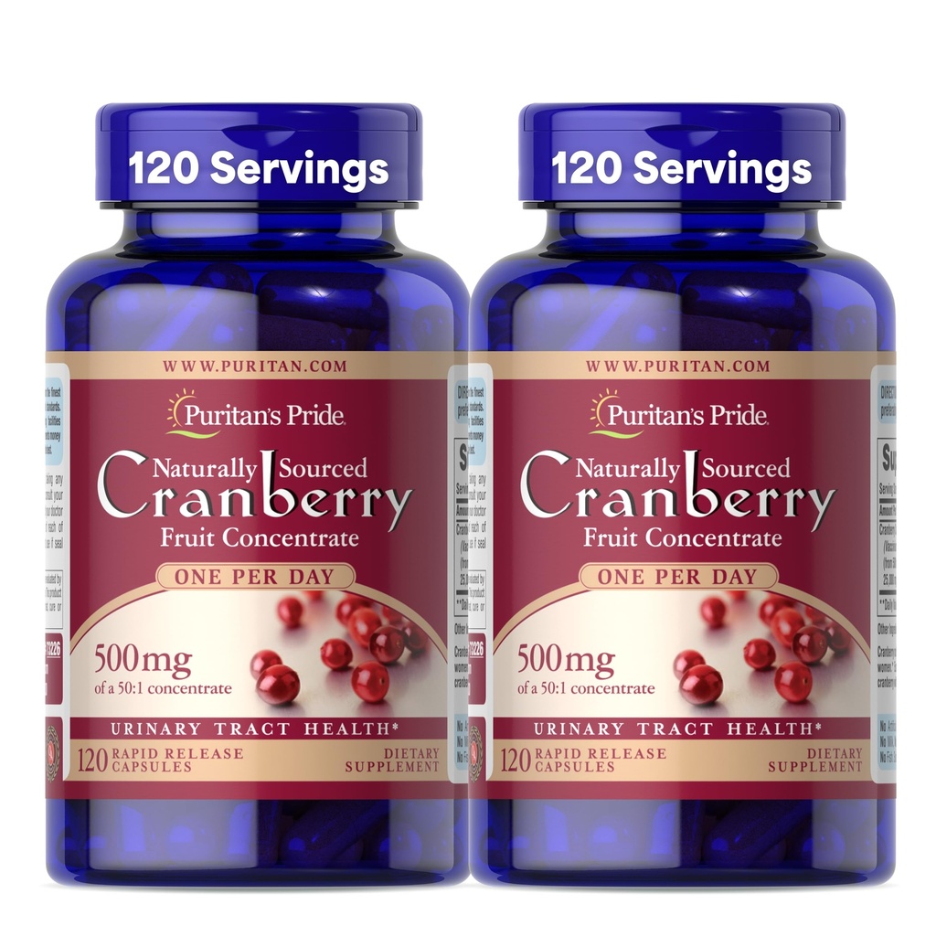 Puritan's Pride Naturally Sourced Cranberry One Por Day Fruit Concentrate 500mg, 50:1 Dietary Supplement for Urinary Tract Support, 4 Month Supply, 120 Rapid Release Capsules, 2 Pack