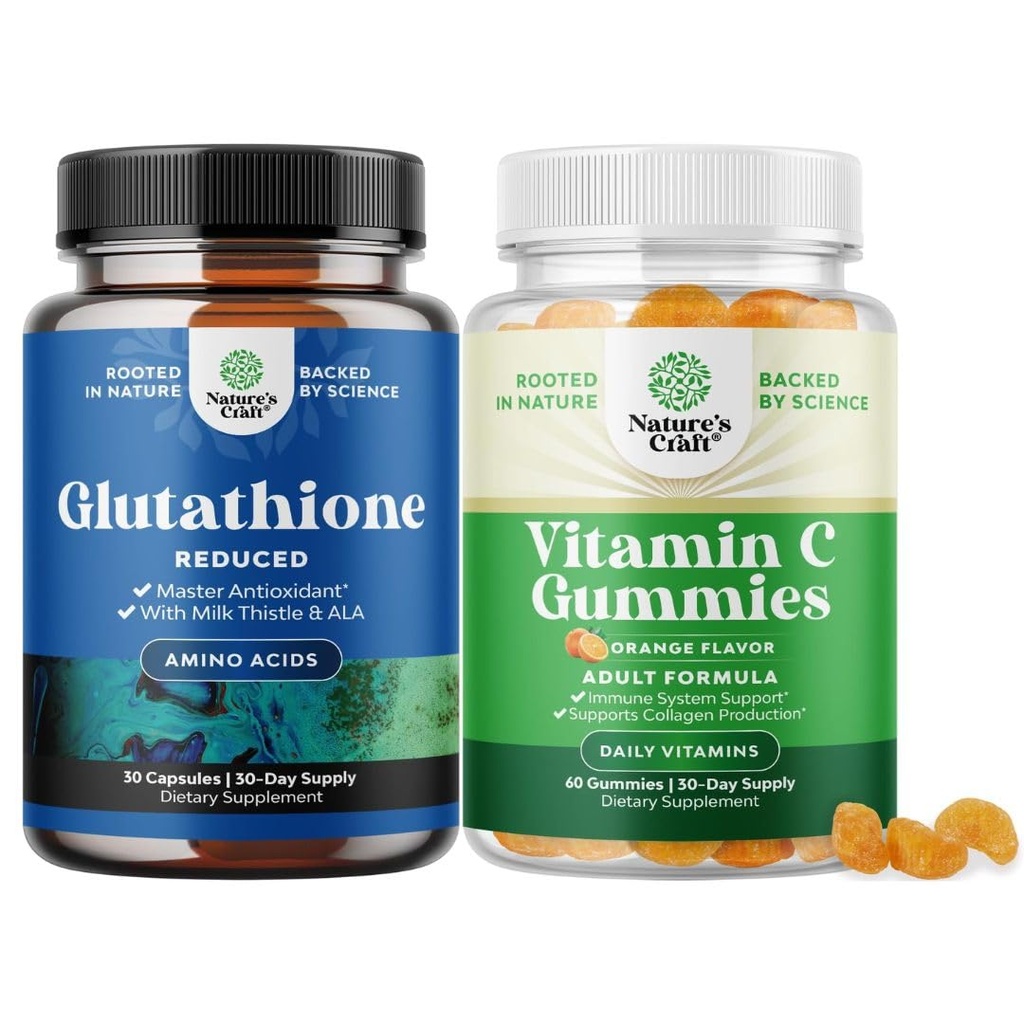 Bundle of Reduced Glutathione Supplement with Milk Thistle - 500 mg per Serving Pure L Glutathione and Chewable Vitamin C Gummies for Adults - Ascorbic Acid Natural Gummy Immune Booster &amp; Cold Remedy