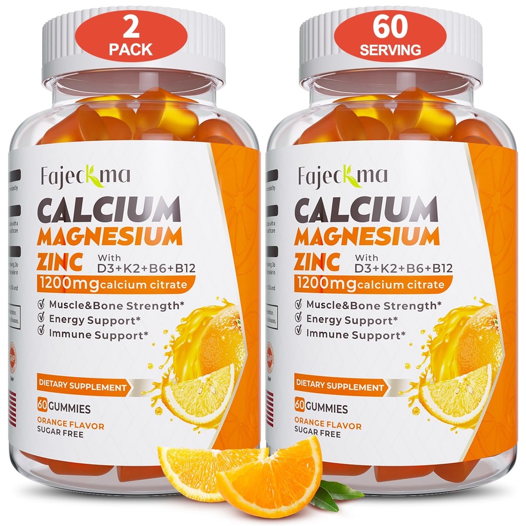 Calcio Magnesio Zinc Gummies para Adulto: 1200mg Calcio Citrato con Vitamina D3 K3 - Natural Orgánica Sugar Suplemento de Alta Absorción Libre para Mujeres Hombres(120Count)