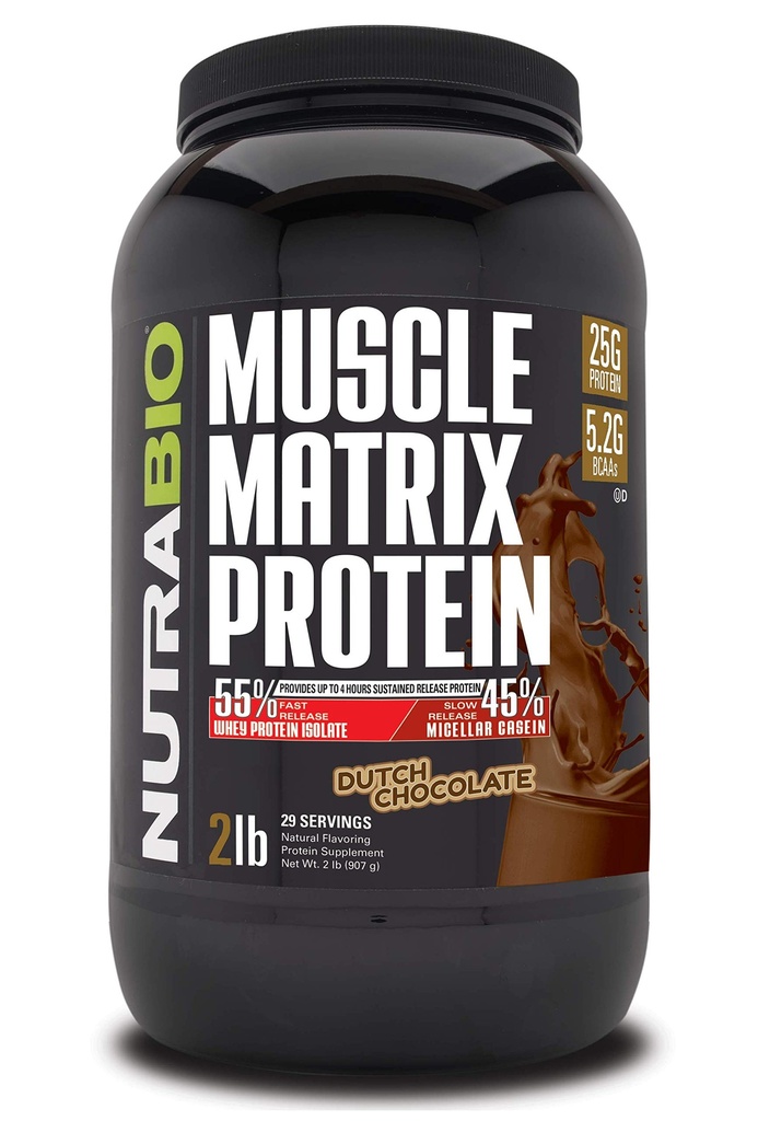 NutraBio Muscle Matrix Protein Powder - 25g of Protein Per Scoop - Whey Isolate and Micellar Casein Combo for Fast and Slow Release - Dutch Chocolate - 2 libras, 28 piezas