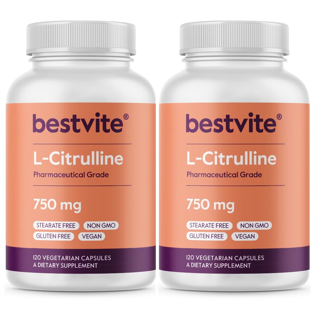 BESTVITE L-Citrulline 750mg por cápsula (240 cápsulas vegetarianas) (120 x 2) - No Stearates - No Silica - No Fillers - No GMO - Gluten Free - Vegan