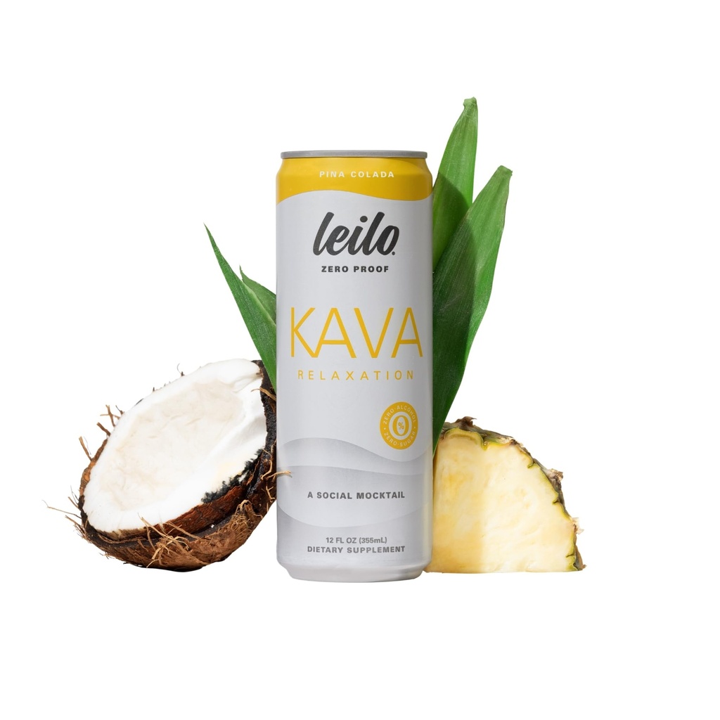 LEILO ← Kava Powered Pina Colada Mocktail Bebida  víspera 12-Pack - Libre de Azúcar &amp; Relajación Funcional Soporte Silencio 12 fl oz Cans (Pack of 12)
