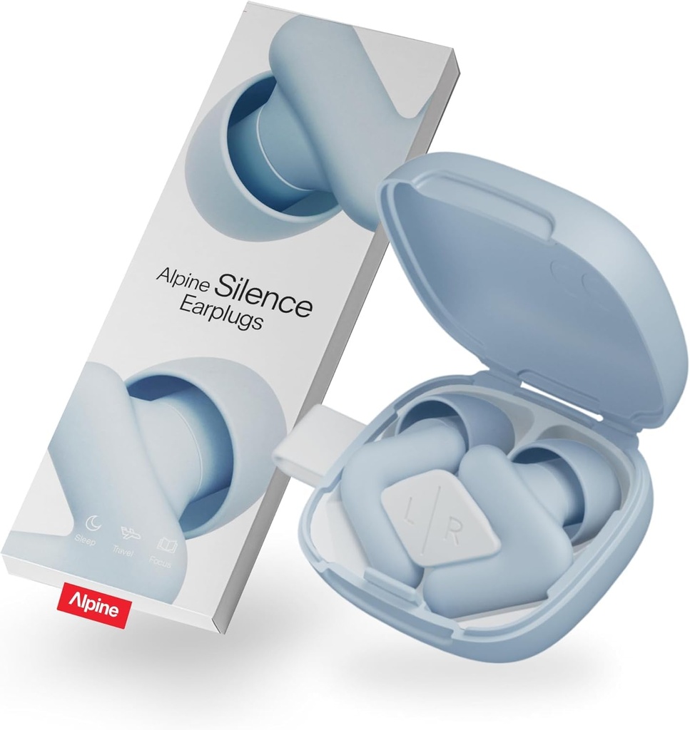 Alpine Silence Earplugs for Sleep, Focus & Travel - V-Shape Snug Fit & Soft Oval Tips – 4 Sizes XS/S/M/L - Comfortable, Reusable Hearing Protection - up to 22 dB – Blue