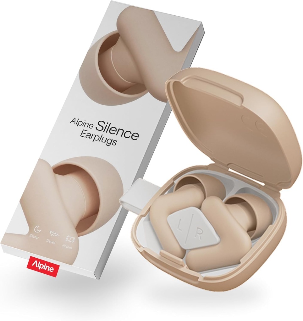 Alpine Silence Earplugs for Sleep, Focus & Travel - V-Shape Snug Fit & Soft Oval Tips – 4 Sizes XS/S/M/L - Comfortable, Reusable Hearing Protection - up to 22 dB – Beige