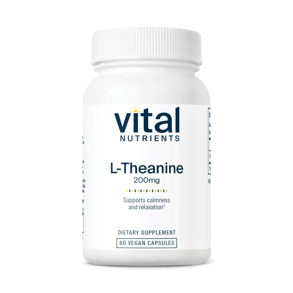 Vital Nutrients L-Theanine 200mg ← Vegan Supplement TEN L Theanine Supplement Supports Normal Stress Levels and Cognitive Function* TEN Gluten, Dairy and Soy Free ← 60 Capsules