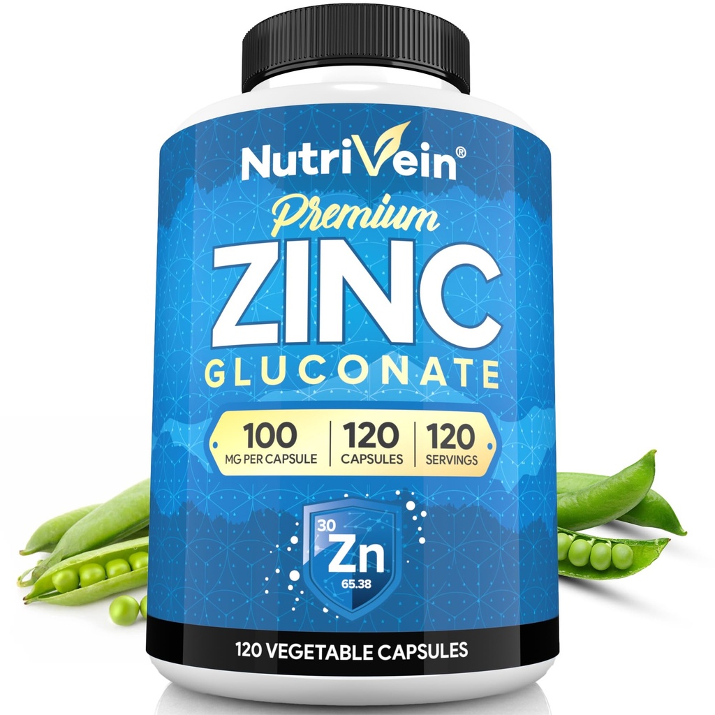 Nutrivein Premium Zinc Gluconate 100mg - 120 cápsulas: Alta absorción Zinc Gluconate Suplementos para el bienestar integral - Elementos esenciales para el bienestar