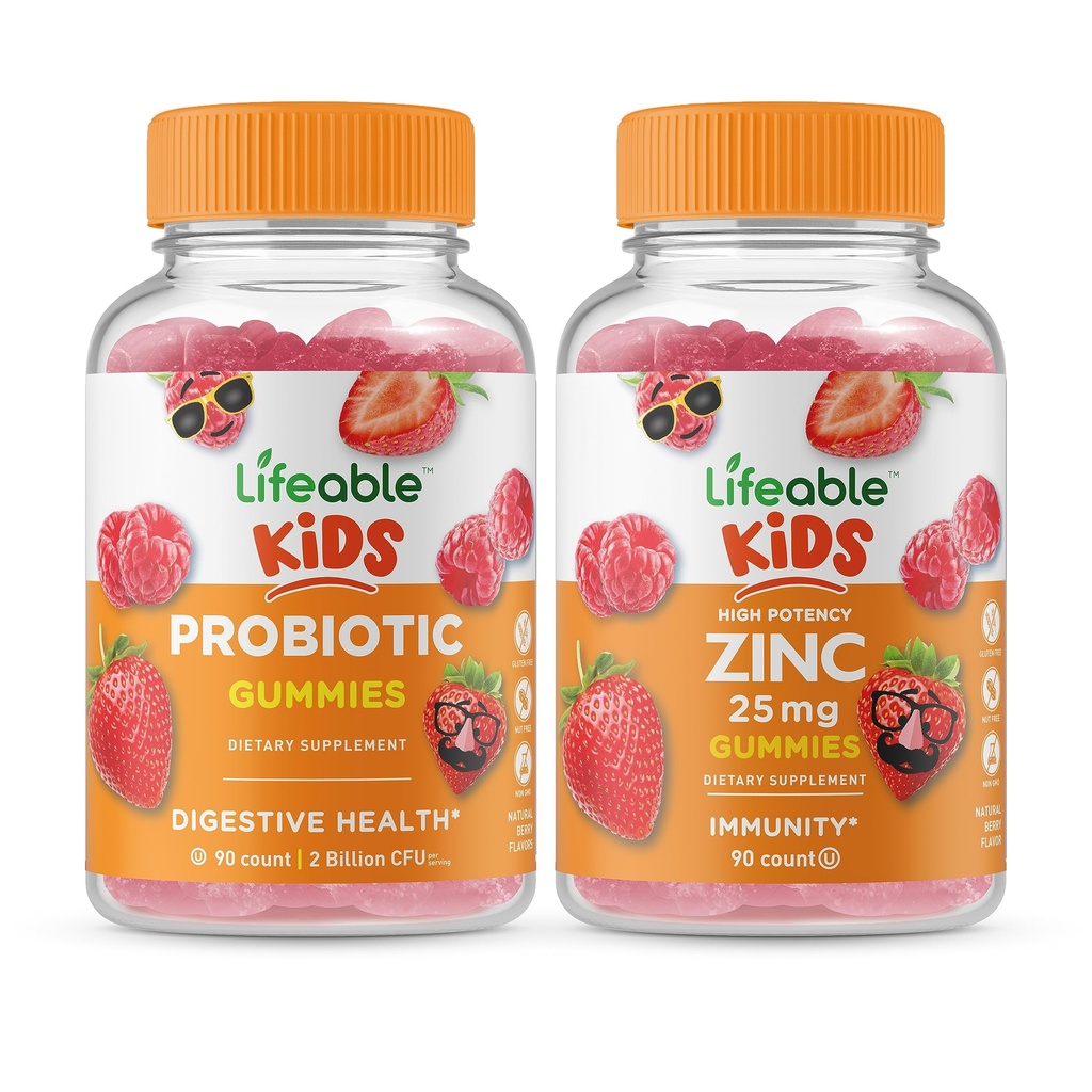 Probiótico Lifeable 2 Billones CFU Kids + Zinc 25mg Kids, Gummies Bundle - Gran Tasting, Suplemento de vitaminas, Gluten Free, GMO Free, Chewable Gummy