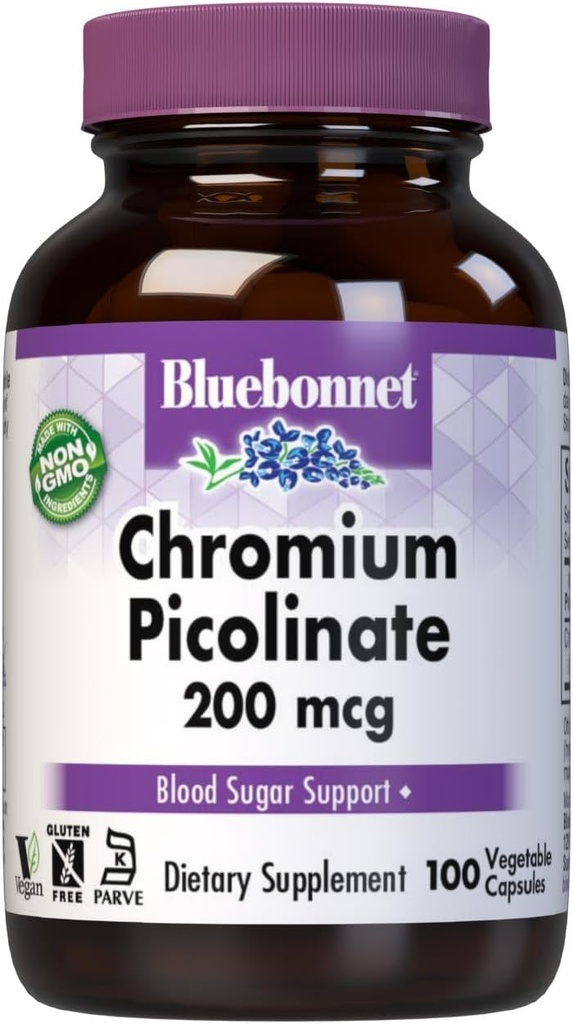 Bluebonnet Chromium Picolinate 200 mcg, 100 cápsulas vegetarianas, 100 cuenta