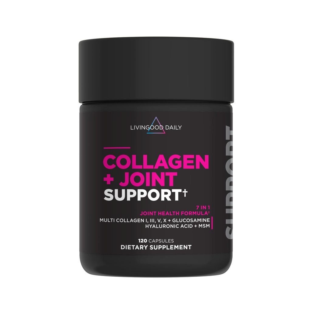 Livingood Daily Collagen + Joint Support, Grass Fed Multi Collagen Peptides I III V X con ácido hialurónico, Suplemento de soporte conjunto para hombres y mujeres, uñas de piel de pelo, Keto & Gluten Gratis, 120 cápsulas