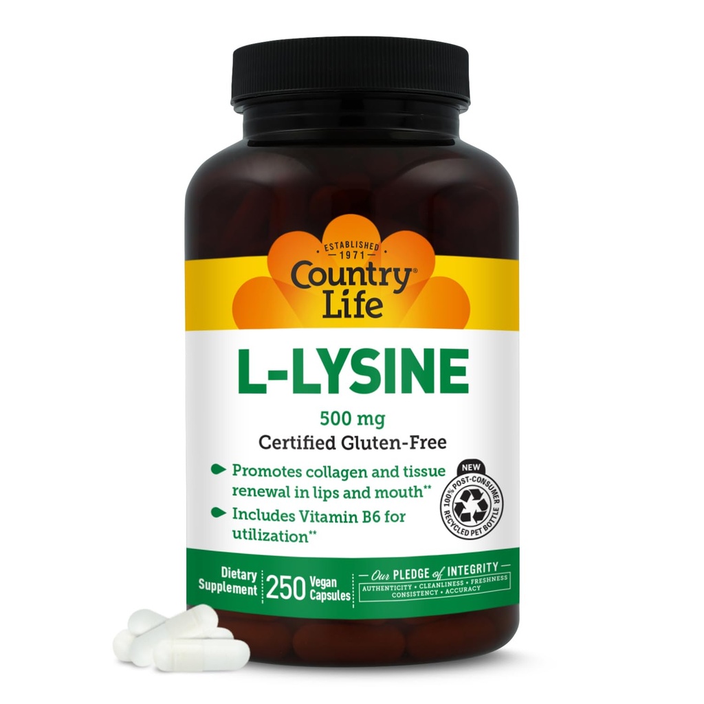 Country Life L-Lysine 500mg con B-6, apoya la salud inmune, promueve la renovación del colágeno en los labios y la boca, 250 cápsulas veganos, galleta certificada gratis, certificada Vegan