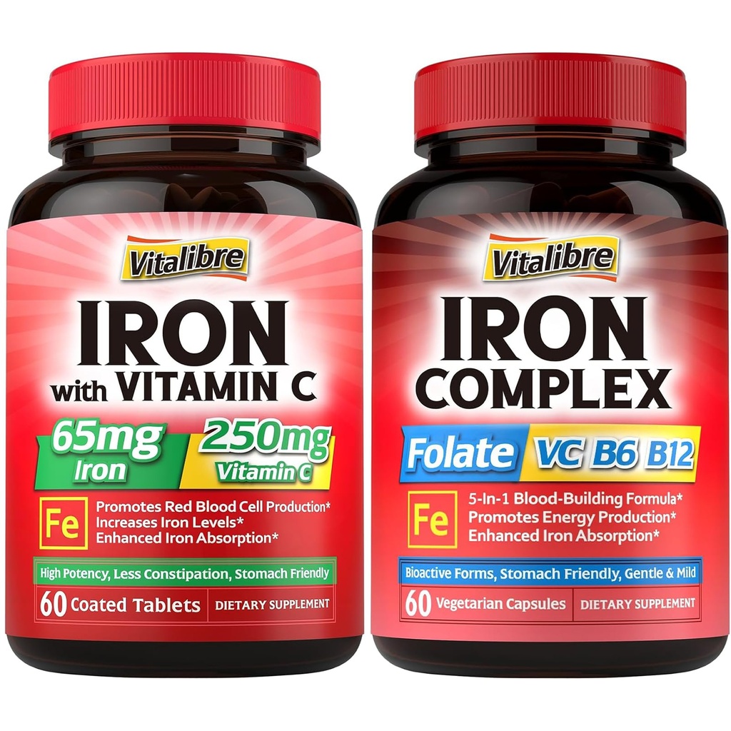 Suplemento de hierro para hombres y mujeres, con vitaminas C, B6, B12 &amp; Folate + suplemento de hierro, 65 mg de hierro de carbono con vitamina C de 250 mg